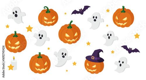 Halloween festive design with pumpkins, ghosts, and bats in cartoon style