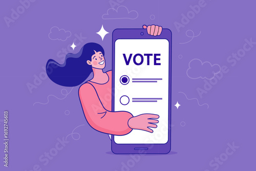 A woman proudly holds a smartphone to cast her vote on an online poll. This vector concept symbolizes e-voting, digital surveys, and citizen participation in a modern democracy.