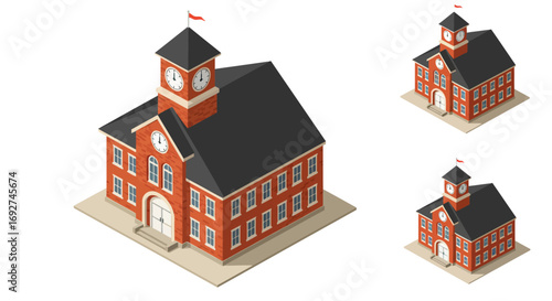 Charming red brick school building with clock tower in isometric view