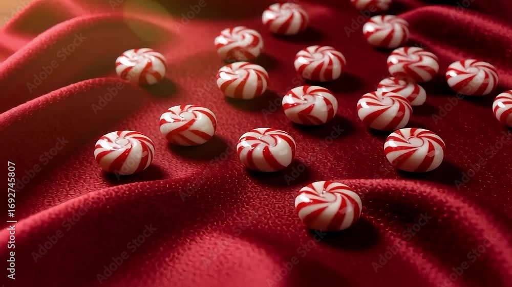 Sweet peppermint candies scattered on luxurious red silk fabric, evoking festive holiday cheer.