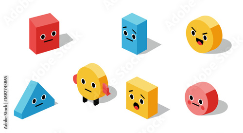 Colorful isometric geometric characters with expressive faces and emotions