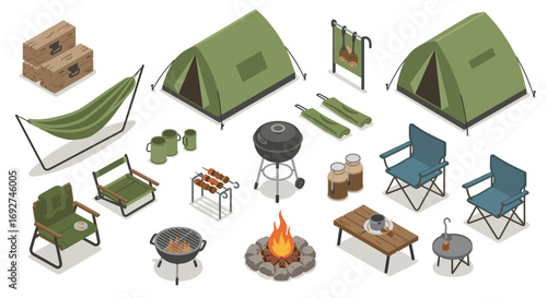 Outdoor camping essentials with tents and gear in isometric design