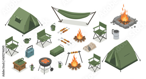 Camping equipment collection: tents, campfire, grill, chairs, and gear in isometric style