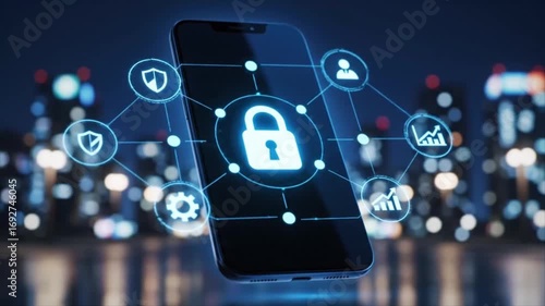 Secure mobile phone data with advanced encryption and city lights background for digital privacy
