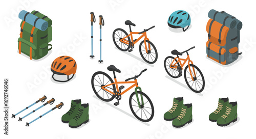 Outdoor adventure equipment in isometric style featuring bicycles, backpacks, and hiking gear