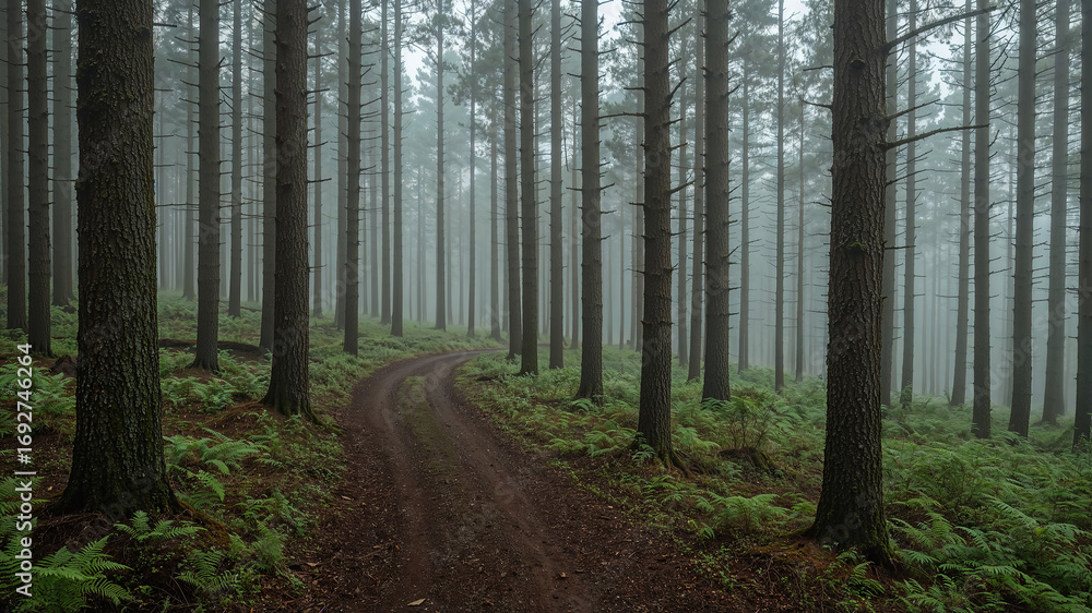 Naklejka premium Misty Forest Pathway Surrounded by Tall Pine Trees