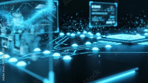 Modern technology innovation with blue circuit board glowing, futuristic tech video clip