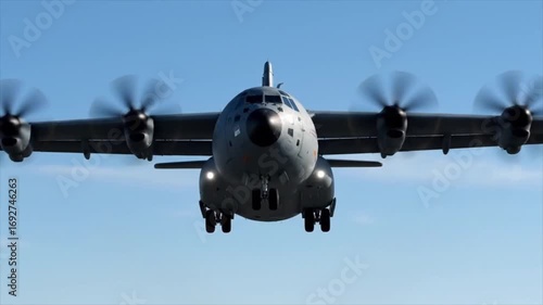 Powerful military transport plane soaring in the blue sky, ready for action in the air