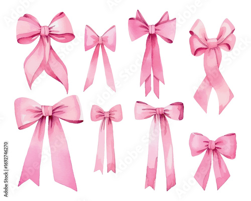 Watercolor pink bows coquette. Vintage watercolor bows coquette. Ribbons tied into bows. Girlish elements coquette. Elements for romantic decor, girlish hairstyles, etc