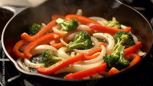 Sizzling Stir-Fry: Fresh Red Bell Peppers, Onions, and Broccoli Cooking in a Hot Cast Iron Skillet for Healthy Meal Preparation