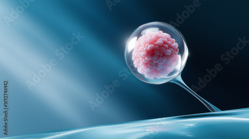 Wallpaper Mural Minimal composition: single glowing stem cell sphere in lower frame, clean space above. Torontodigital.ca