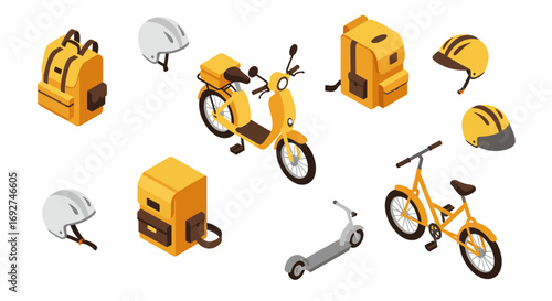 Isometric transport and accessories set with scooter, bicycle, backpacks, and helmets