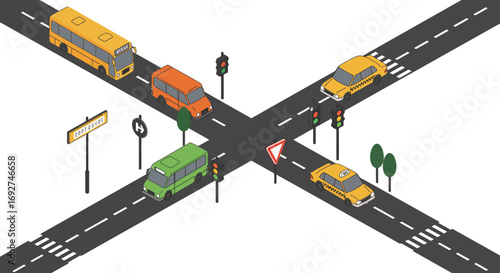 Urban traffic scene with isometric roads and vehicles at intersection