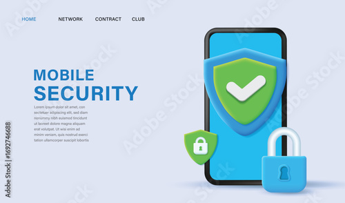 Mobile Security Concept with Smartphone, Shield, and Lock, 3D Vector Illustration for Data Protection