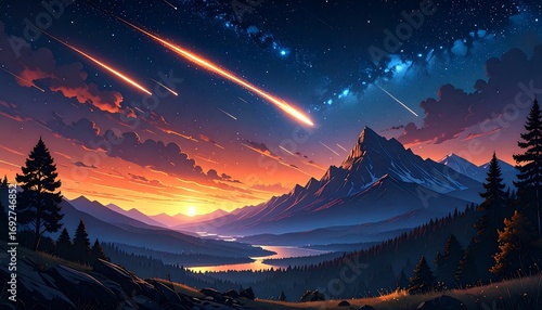 Stunning mountain sunrise,  shooting stars