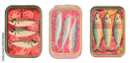 Set of illustrations with canned fish. Sea fish in a tin can. Illustration with fish sardines. Set of hand drawn simple mediterranean food.