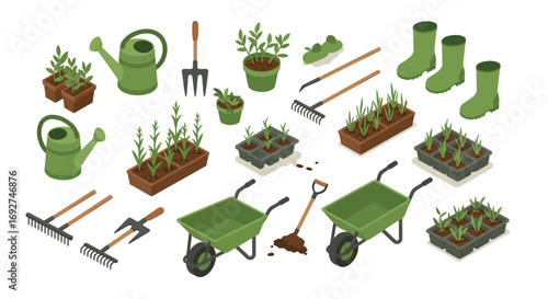 Isometric gardening tools and plants set with green wheelbarrows and seedlings