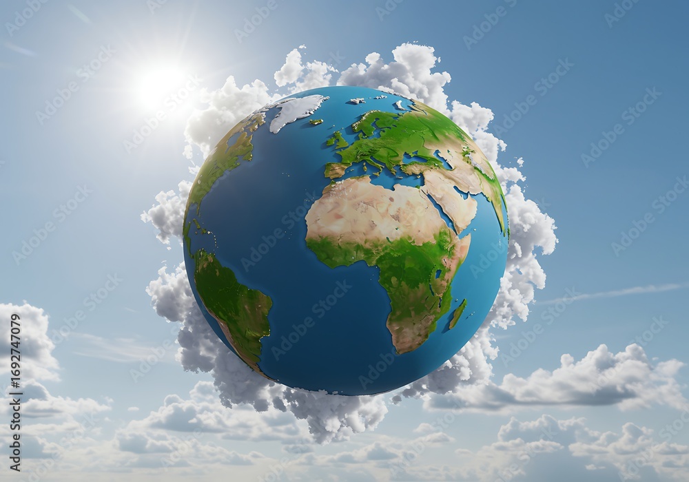 Naklejka premium Earth surrounded by fluffy white clouds in a bright blue sky symbolizing environmental awareness and global sustainability concept