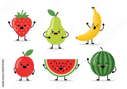 Adorable cartoon fruits characters dancing and having fun together