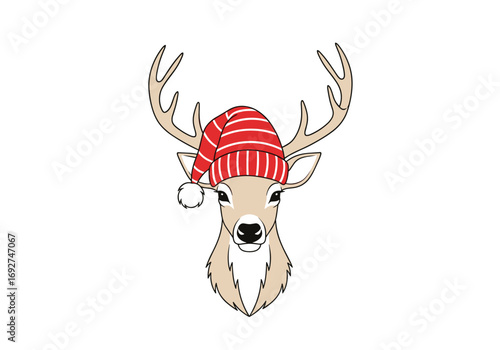 Festive deer head wearing striped santa hat with white tassels and antlers illustration