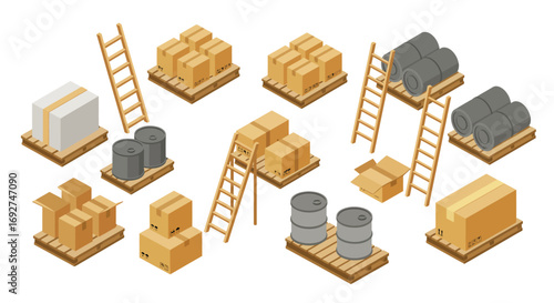 Isometric warehouse supplies with shipping boxes, drums, and ladders on pallets