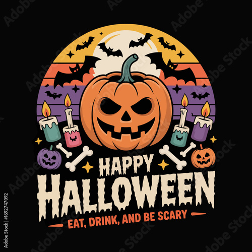 2d vector illustration Halloween t shirt icon design items ghost character Candles in carved pumpkin 