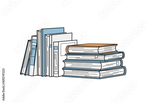 A stack of books and a row of books on a table