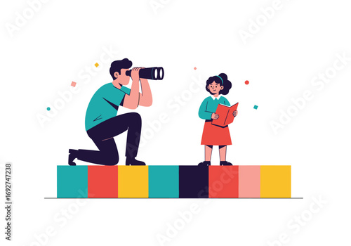 Man taking photos of a child reading a book on a colorful stage