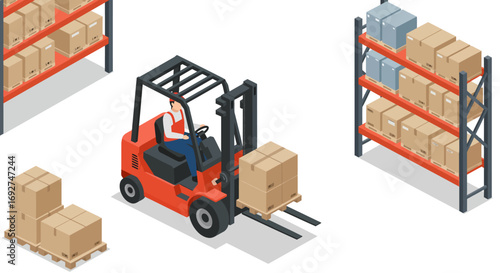 Warehouse logistics scene with forklift and storage racks in isometric style