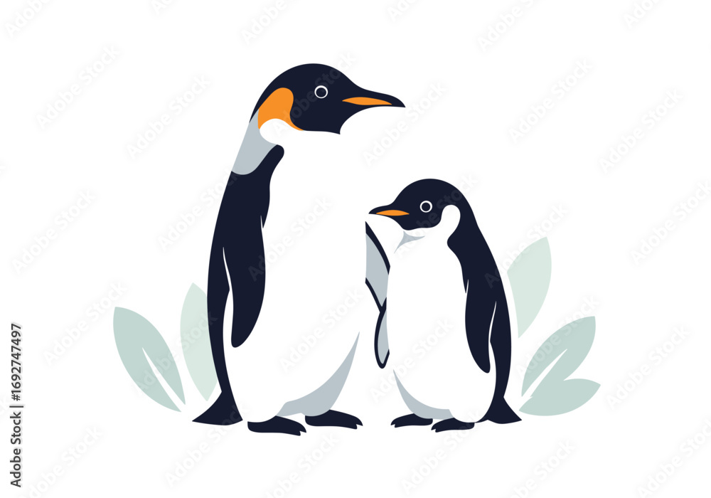 Obraz premium Charming emperor penguin family portrait adorable baby penguin beside parent illustration