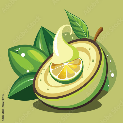 Lime slice with creamy topping on a green background