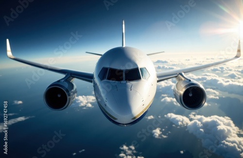 A commercial airplane flying high above the clouds in clear weather with sunlight shining brightly