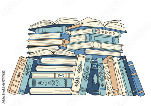 A tall stack of old books with open pages and decorative covers