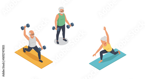 Seniors exercising with dumbbells and yoga on colorful mats in isometric style
