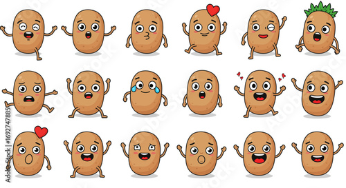 Cute cartoon potato characters with various expressions and accessories