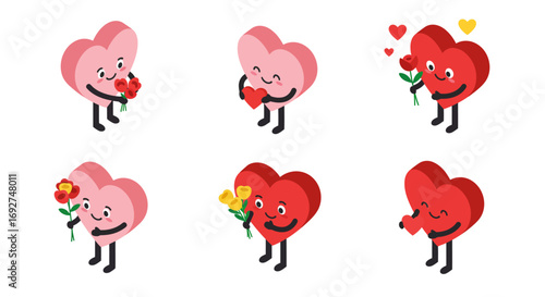 Cute isometric heart characters with flowers and joyful expressions