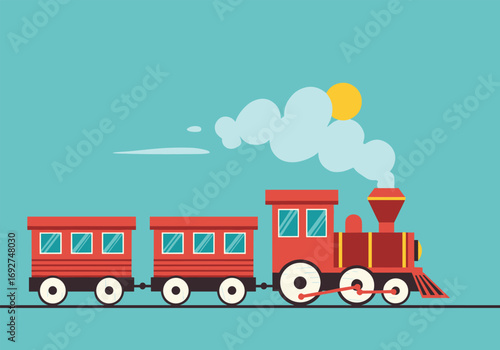 Classic red steam locomotive pulling passenger cars on a bright sunny day