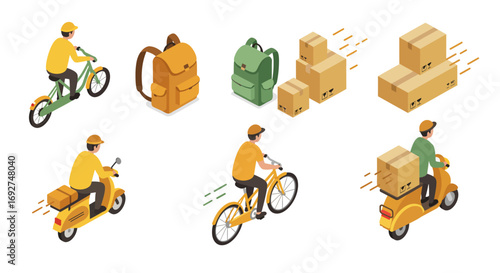 Isometric delivery set with backpack, boxes, bicycles, and scooters