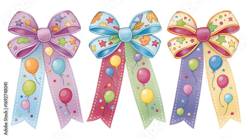 Birthday Party Gift Ribbons PNG Set –  Colorful Bows with Confetti and Balloons, Transparent Background