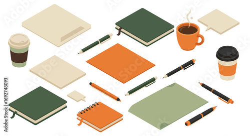Isometric office supplies with coffee cups and stationery on white background