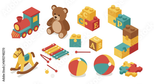 Colorful isometric toy set with blocks, train, bear, and more for children's playtime
