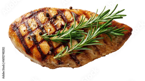 Grilled chicken breast with rosemary pepper and grill marks on transparent background