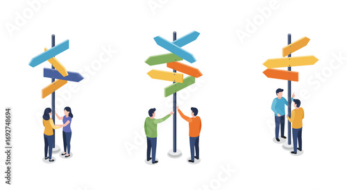 Colorful isometric direction signs with diverse people discussing options