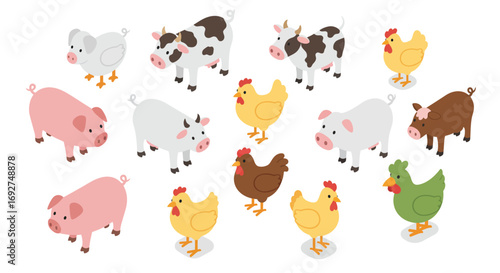 Isometric farm animals: pigs, cows, and chickens in playful cartoon style