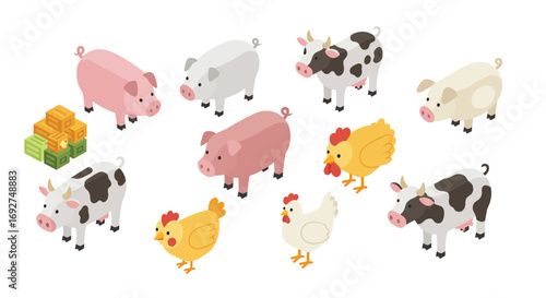 Isometric farm animals collection: pigs, cows, chickens with haystack