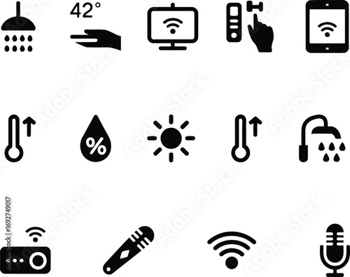 Diverse Smart Home Control and Environmental Condition Icons Representing Connectivity, Climate, and Automated Functions for Modern Living Spaces