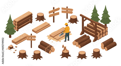 Isometric lumberyard scene: worker sawing timber in forest with logs and signposts