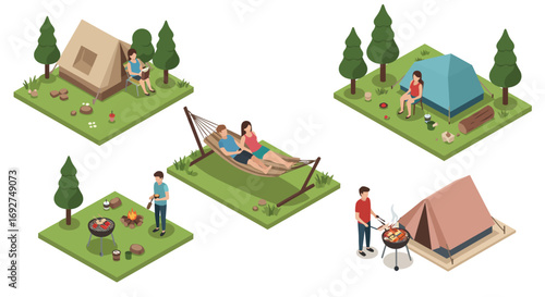 Isometric camping scene with tents, hammock, and campfire activities
