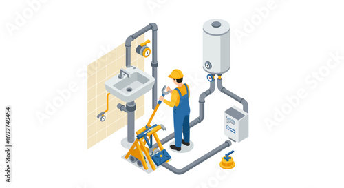 Isometric plumber repairing sink and pipes in utility room