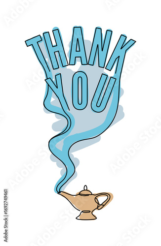Thank You genie wish: A genie lamp releases a blue smoke forming the phrase Thank You, representing gratitude and appreciation. A symbol of expressing thankfulness and appreciation.